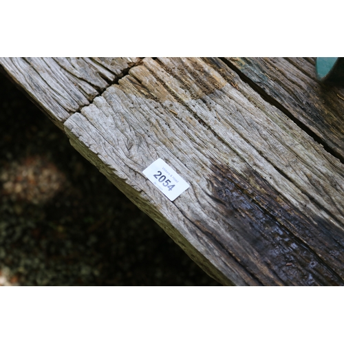2054 - Rustic long plank trestle table, approx 305cm L x 88cm D x 72cm H