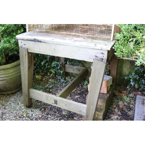 2061 - Rustic wooden old work table, with stretcher below, approx 93cm x 95xm x 91cm H