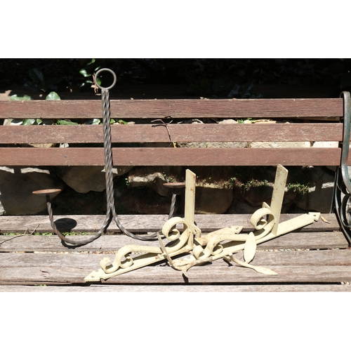 2091 - Wrought iron two stick bracket, along with pair of flat bar wall brackets, approx 51cm L and smaller... 