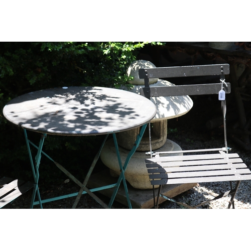 2105 - Garden setting comprising circular metal table and pair of metal folding chairs, approx 60cm Dia x 7... 
