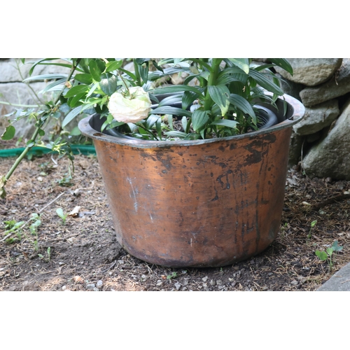 2229 - Old copper with flowers in pot, approx 58cm Dia x 140cm H total