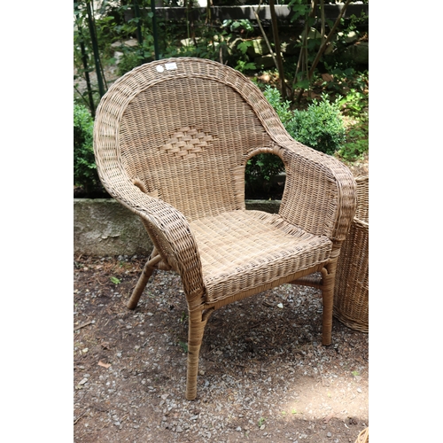 2598 - Cane arm chair, baskets, numerous small cane baskets