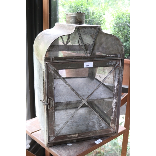 2601 - Antique tin and gauze hanging food safe. with maker plaque, approx 57cm H x 35cm W x 36cm D