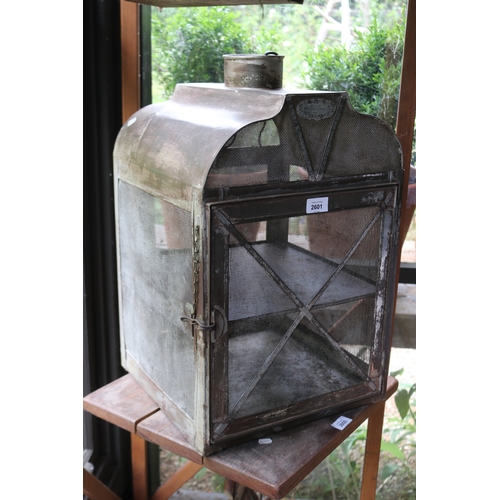 2601 - Antique tin and gauze hanging food safe. with maker plaque, approx 57cm H x 35cm W x 36cm D