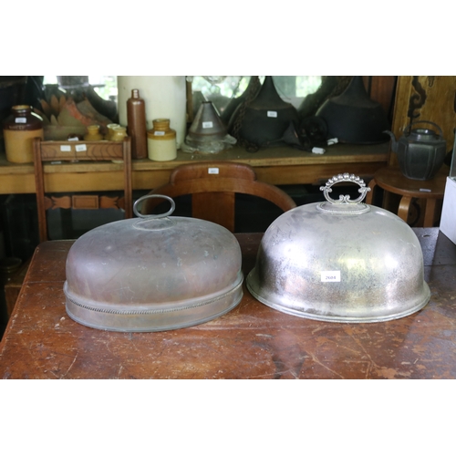2604 - Antique silver plate meat dome, along with an antique copper example, approx 40cm W x 32cm D and sma... 