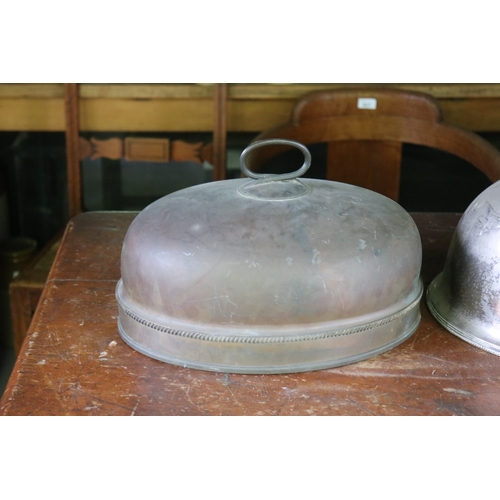 2604 - Antique silver plate meat dome, along with an antique copper example, approx 40cm W x 32cm D and sma... 