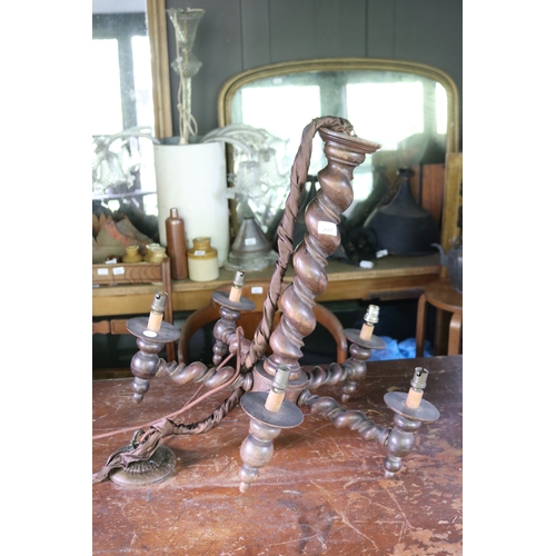 2607 - Vintage oak barley twist five light chandelier, approx 61cm H excluding chain x 59cm W