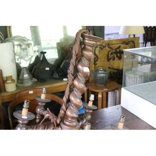 2607 - Vintage oak barley twist five light chandelier, approx 61cm H excluding chain x 59cm W