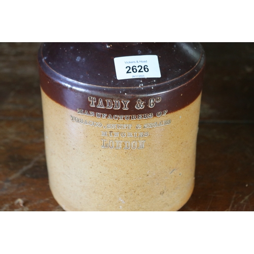 2626 - Antique Taddy & Co of London bung jar- Tobacco, snuff and sugars, approx 20cm H