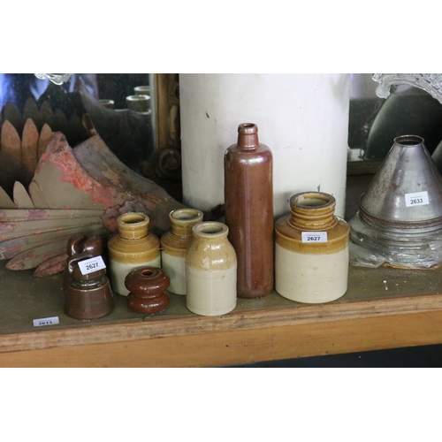 2627 - Assortment antique pottery jars and electrical insulators, approx 28cm H and shorter (8)