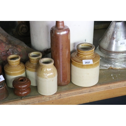 2627 - Assortment antique pottery jars and electrical insulators, approx 28cm H and shorter (8)