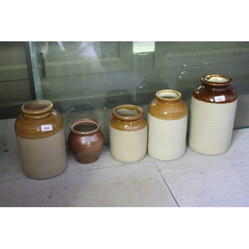 2629 - Five assorted pottery bung jars, approx 31cm H and shorter (5)