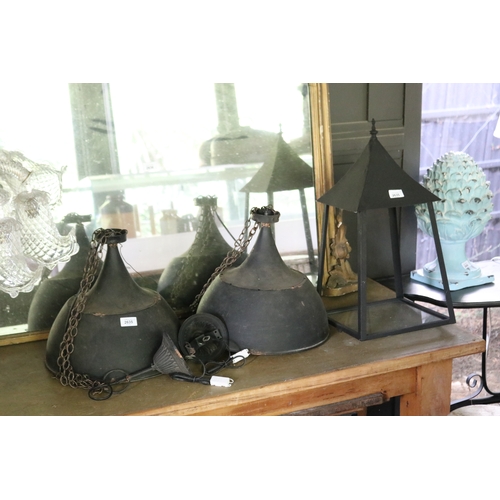 2635 - Pair of metal hanging light shades along with a pagoda lantern frame, approx 54cm h and shorter (3)