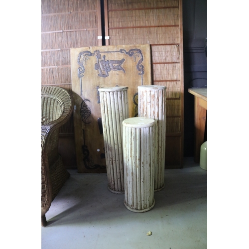 2637 - Three distressed painted circular pedestals, approx 84cm H and shorter (3)