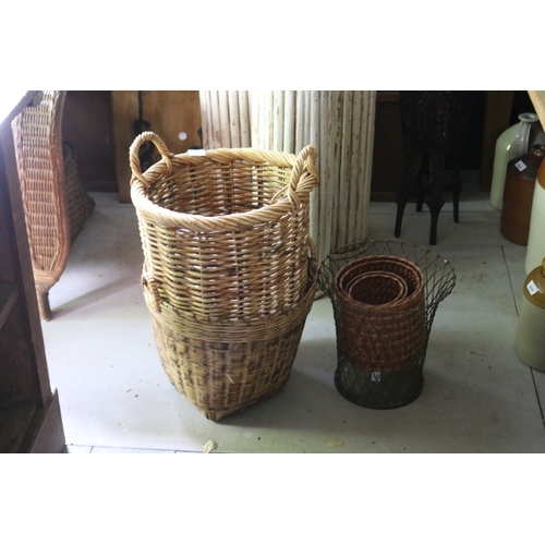 2645 - Cane baskets, along with wirework waste paper basket, approx 33cm H ex handles x 40cm Dia and smalle... 