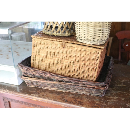 2649 - Assortment, cane trays, baskets and stool table, approx 44cm H and shorter