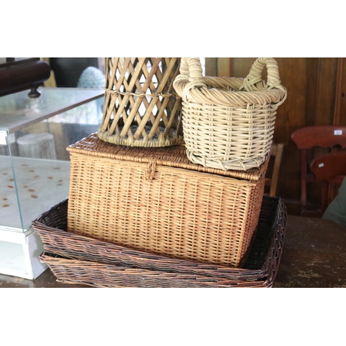 2649 - Assortment, cane trays, baskets and stool table, approx 44cm H and shorter