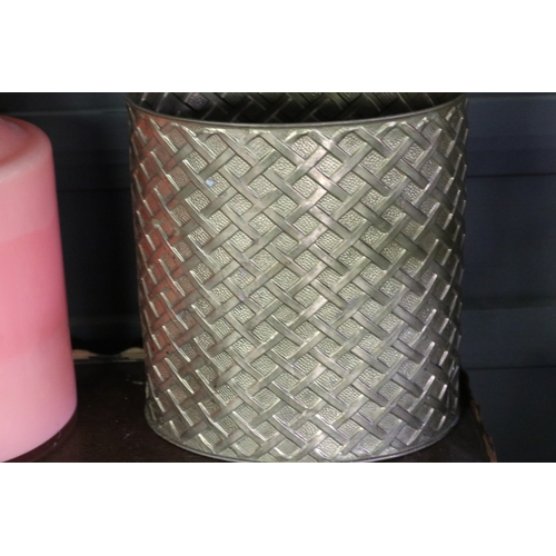 2653 - Pressed lattice work brass waste paper bin, approx 28cm h x 26cm W x 19cm D