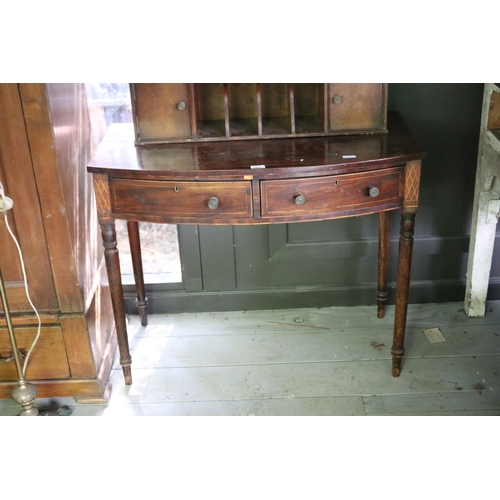 2655 - Antique Regency revival bow front inlaid side table, turned legs. along with a later stationary sect... 