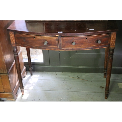 2655 - Antique Regency revival bow front inlaid side table, turned legs. along with a later stationary sect... 