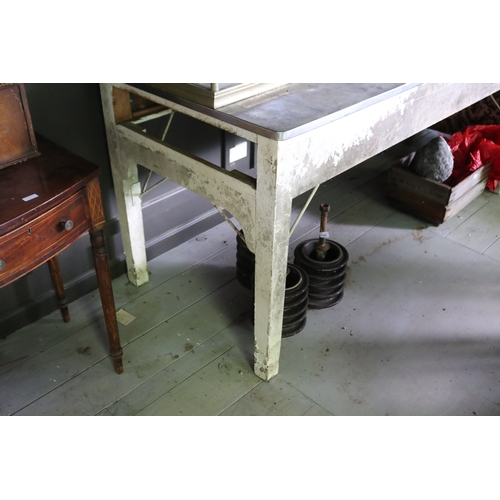 2662 - Stainless steel topped white painted long table, standing on square tapering legs, approx 92cm H x 1... 