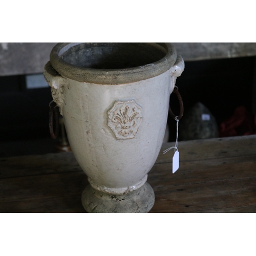 2673 - Decorative glazed drop ring handled pot, approx 33cm H x 22cm Dia