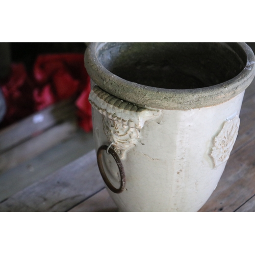 2673 - Decorative glazed drop ring handled pot, approx 33cm H x 22cm Dia