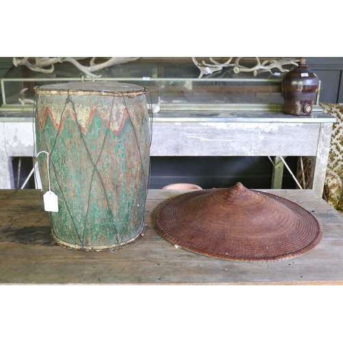 2678 - Antique/vintage painted wood drum along with a Vietnamese rice paddy hat, approx 50cm Dia and smalle... 