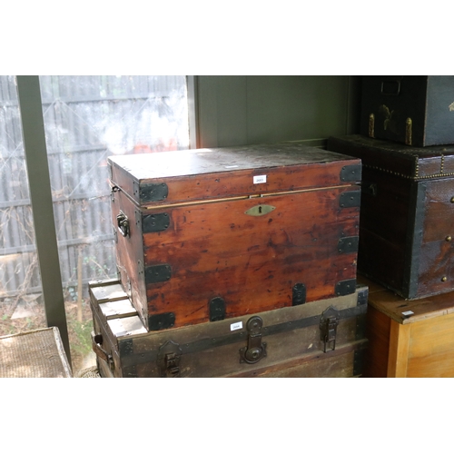 2683 - Antique pine metal bound trunk, approx 44cm H x 68cm W x 46cm D