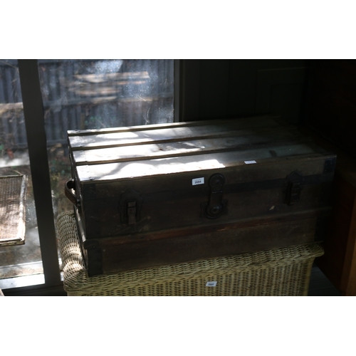 2684 - Antique canvas, wood and metal bound trunk, approx 35cm H x 86cm W x 47cm D