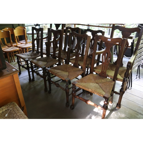2698 - Set of eight antique English rush seated country chairs to include pair of arm chairs (8)