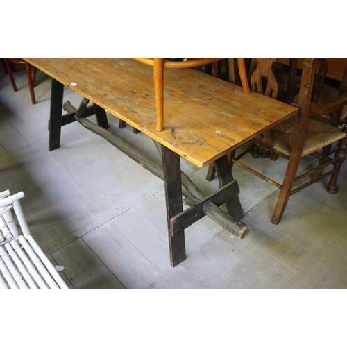 2700 - Rustic branch stretcher support trestle table, pine top, approx 77cm H x 190cm W x 59cm D