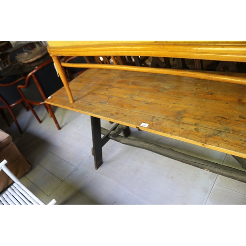 2700 - Rustic branch stretcher support trestle table, pine top, approx 77cm H x 190cm W x 59cm D