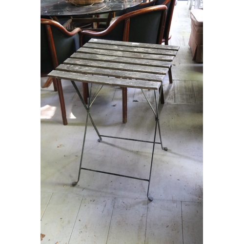 2709 - Metal folding base wooden topped garden table, approx 71cm H x 55cm Sq