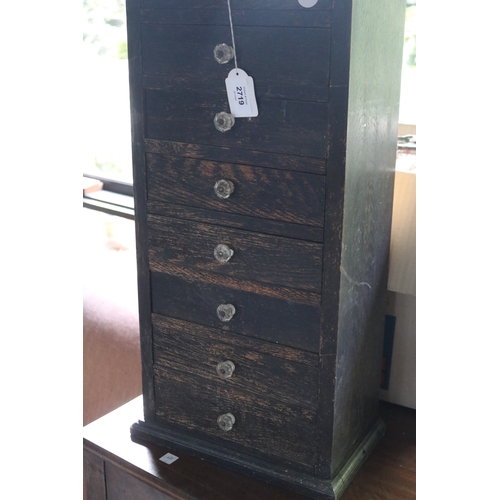 2719 - Small scale eight drawer pedestal cabinet, with glass pulls, approx 64cm H x 30cm W x 17cm D