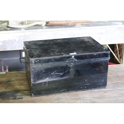 2727 - Antique japanned tin deeds box, approx 26cm H x 50cm W x 34cm D