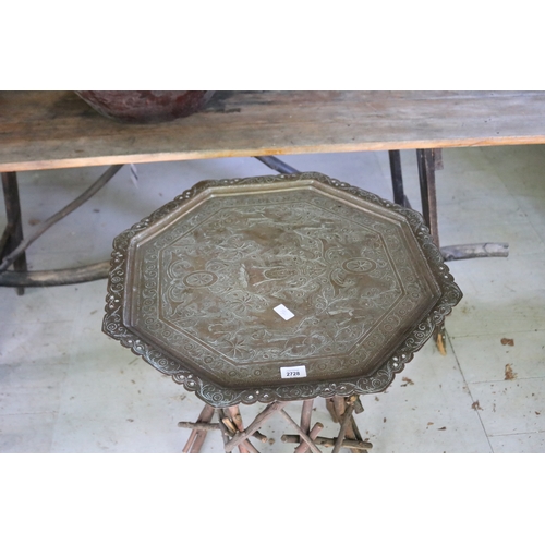 2728 - Unique branch support, brass tray top occasional table, approx 75cm H x 85cm Dia