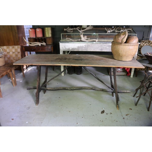 2731 - Rustic branch support & stretcher trestle table, pine top, approx 80cm H x 189cm W x 59cm D