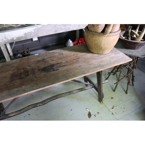 2731 - Rustic branch support & stretcher trestle table, pine top, approx 80cm H x 189cm W x 59cm D