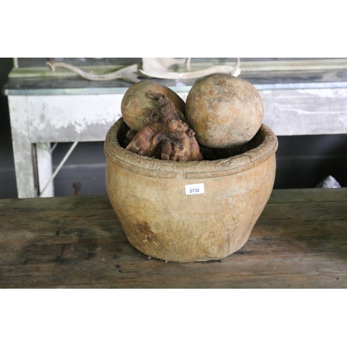 2732 - Large deep carved wood bowl, along with gourds, burr wood piece, approx 27cm H x 41cm Dia