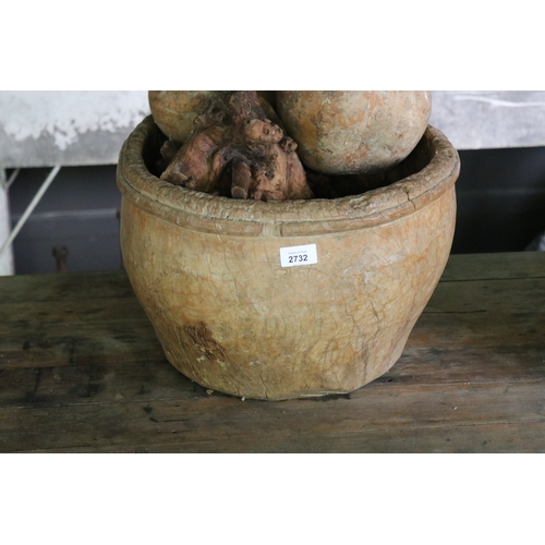 2732 - Large deep carved wood bowl, along with gourds, burr wood piece, approx 27cm H x 41cm Dia