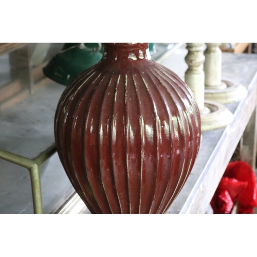 2739 - Large Chinese ribbed flambé glazed pottery vase, approx 45cm H