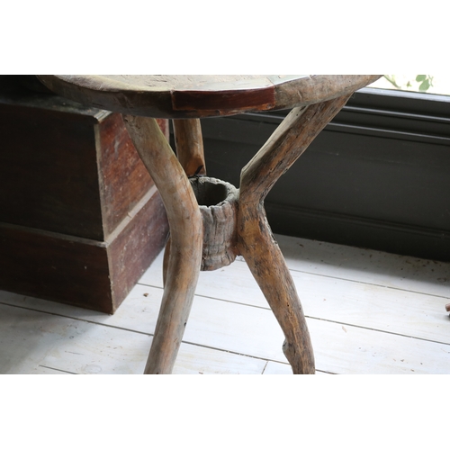2741 - Rustic carved solid wood tray top tri leg table, approx 86cm H x 65cm Dia