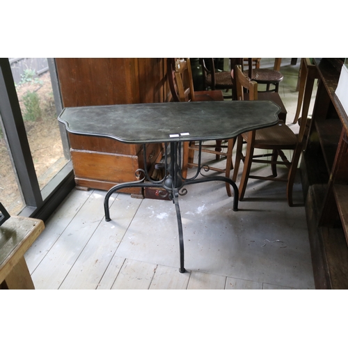 2745 - Modern metal shaped demi lune console table, tri leg support, approx 77cm H x 114cm W x 48cm D