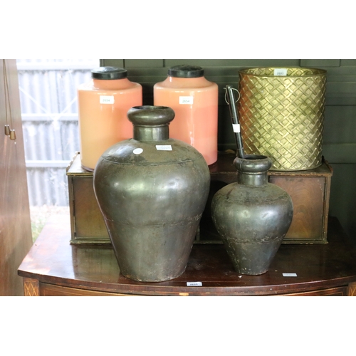 2747 - Two metal jars, along with a horn shoe horn, approx 45cm H and shorter  (3)