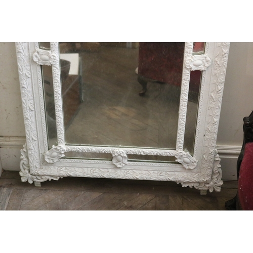 1744 - Antique white painted cushion shape mirror, elaborate pierced crest with urn and foliage 138 cm high... 