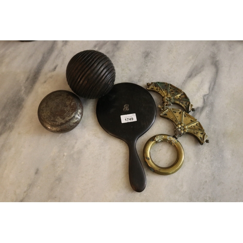 1749 - Assortment -antique hand mirror, gilt metal servants bell pulls, wooden ball , tin spice box