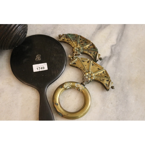 1749 - Assortment -antique hand mirror, gilt metal servants bell pulls, wooden ball , tin spice box