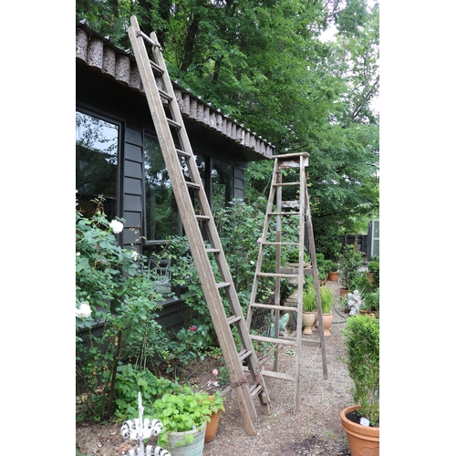 2568 - Two old wooden ladders, one A fame with other extension (2)