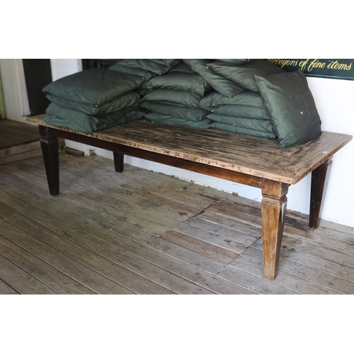 2588 - Long 1920's square tapering leg table, approx 250cm L x 110cm D x 76cm H (front veranda area)